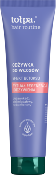 Fioletowa tubka odżywki Tołpa Hair Routine z efektem botoksu, z olejem awokado i migdałowym, widok z przodu.