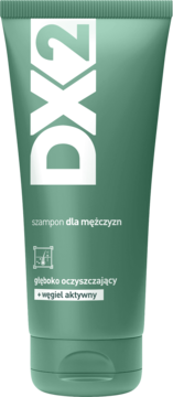 Zielona tuba szamponu DX2 dla mężczyzn z węglem aktywnym, głęboko oczyszczający, widok z przodu.