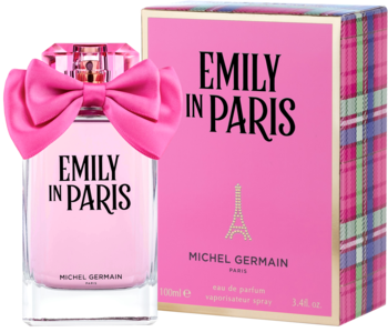 Emily in Paris Michel Germain woda perfumowana, różowa butelka z kokardą, obok różowe pudełko z Wieżą Eiffla.