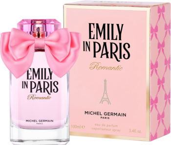 Różowa woda perfumowana Emily in Paris Romantic z dużą kokardą i różowe pudełko z wieżą Eiffla.