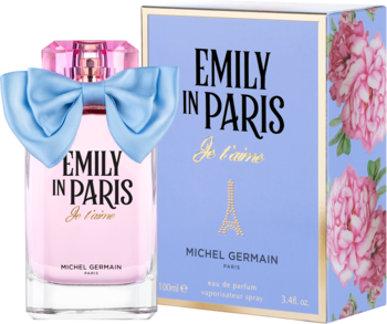 Damska woda perfumowana Emily in Paris Je t'aime: różowa butelka z błękitną kokardką, obok pudełko z kwiatami.