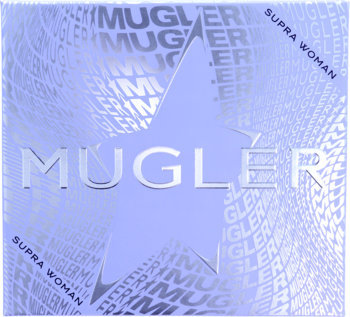 Mugler Supra Woman, fioletowe, holograficzne opakowanie z logo i dużą gwiazdą. Błyszcząca tekstura z wirującym wzorem.