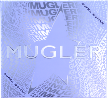 Mugler Supra Woman, fioletowe, holograficzne opakowanie z logo i dużą gwiazdą. Błyszcząca tekstura z wirującym wzorem.