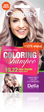 Pionowy baner szamponu Cameleo 10.22 rose blonde, z modelką i informacją "AMMONIA FREE", do 6 myć.
