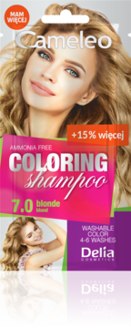 Cameleo Coloring Shampoo 7.0 blond, bez amoniaku, w różowo-fioletowym opakowaniu z blondynką. Widok z przodu.