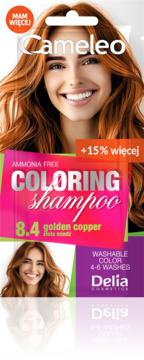 Szampon koloryzujący Cameleo 8.4 Golden Copper bez amoniaku, dla włosów rudych, z uśmiechniętą modelką i napisem "4-6 WASHES".