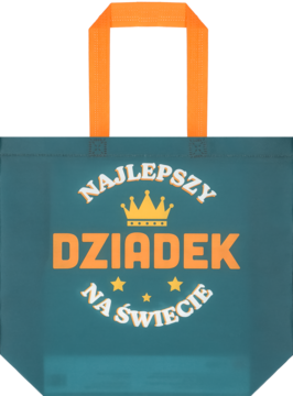Ciemnoturkusowa torba zakupowa z pomarańczowymi uchwytami, z przodu napis "Najlepszy Dziadek na Świecie" i korona.