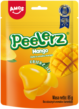 Żółto-pomarańczowa saszetka Amos Peelerz Mango 85g, żelki do obierania, bez sztucznych aromatów i barwników.