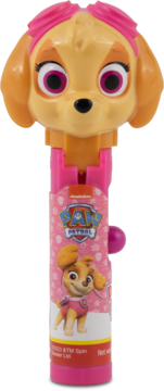 Różowa zabawka z lizakiem Paw Patrol Skye pop-up, z głową Skye i logo na korpusie, widok z przodu.