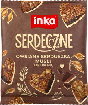 Inka Serdeczne Owsiane Serduszka Musli z Czekoladą, brązowe opakowanie, źródło błonnika, widok z przodu.