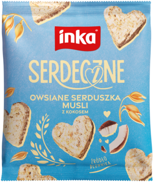 Błękitna torebka Inka Serdeczne Owsiane Serduszka Musli z Kokosem, z sercami owsianymi i kokosem, widok z przodu.