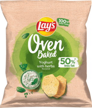 Lay's Oven Baked Yoghurt with Herbs chips, 50% less fat, light brown bag with green watercolor, frontal view.