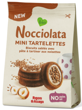 Nocciolata Mini Tartelettes, nowe eko ciasteczka Rigoni di Asiago bez oleju palmowego, w białym opakowaniu.