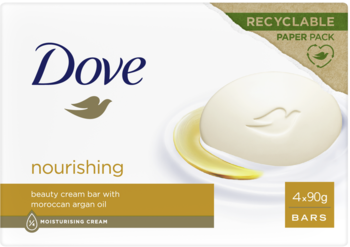 Białe mydło Dove Nourishing z olejkiem arganowym, opakowanie 4 kostek, z widoczną kostką i złotym wzorem.