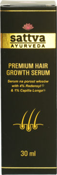 Sattva Ayurveda Premium Hair Growth Serum w czarnym opakowaniu z złotymi detalami, widok z przodu, pojemność 30ml.