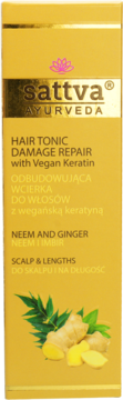 Złote opakowanie Sattva Ayurveda Hair Tonic Damage Repair z wegańską keratyną, neem i imbirem, widok z przodu.
