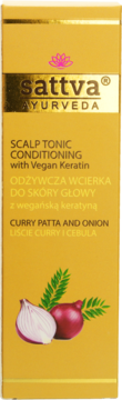 Złota wcierka Sattva Ajurweda do skóry głowy z wegańską keratyną, liśćmi curry i cebulą, widok z przodu.