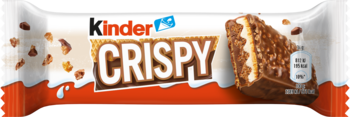 Batonik Kinder Crispy w opakowaniu, z widocznym chrupiącym wafelkiem i kremowym nadzieniem kakaowo-orzechowym.