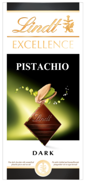 Front opakowania Lindt Excellence Dark Pistachio: ciemna czekolada z pistacją, zielona poświata na czarnym tle.