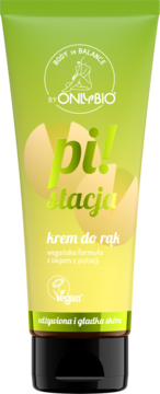 OnlyBio Pistacja krem do rąk w zielonej tubce z grafiką pistacji, widok z przodu. Wegański, do suchej skóry.