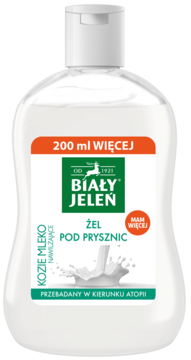 Biały Jeleń Kozie Mleko nawilżający żel pod prysznic 200 ml więcej, przezroczysta butelka z zieloną etykietą.