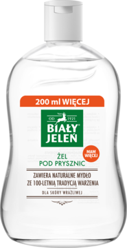 Biały Jeleń żel pod prysznic z naturalnym mydłem 200ml WIĘCEJ, do skóry wrażliwej, widok z przodu.