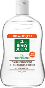 Biały Jeleń żel pod prysznic z naturalnym mydłem 200ml WIĘCEJ, do skóry wrażliwej, widok z przodu.