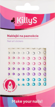 Opakowanie naklejek na paznokcie KillyS z okienkiem, widoczne kolorowe, okrągłe kryształki w rzędach.