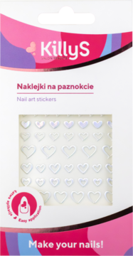 KillyS naklejki na paznokcie: opalizujące, białe serduszka w białym opakowaniu, łatwa aplikacja, widok z przodu.