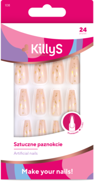 KillyS sztuczne paznokcie Golden Flakes, 24 sztuki, różowe z płatkami złota, widoczne w różowo-białym opakowaniu.