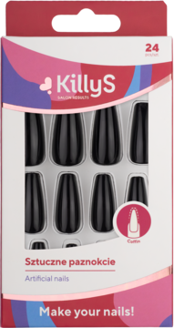 Czarne sztuczne paznokcie KillyS Salon Results, kształt trumienki, w czerwono-różowym opakowaniu, widok z przodu.