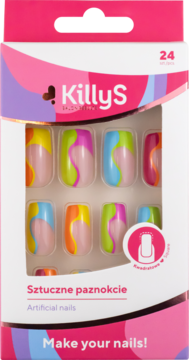 KillyS Salon Results sztuczne paznokcie kwadratowe, 24 szt., neonowe, wielokolorowe wzory, w różowym pudełku.