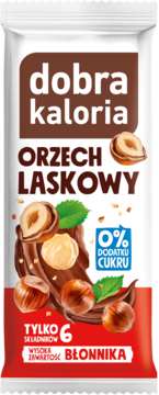 Baton Dobra Kaloria orzech laskowy, biały, z orzechami i czekoladą, 0% cukru, wysoka zawartość błonnika.