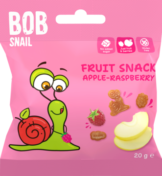 Bob Snail Fruit Snack Jabłko-Malina, różowe opakowanie z wesołym ślimakiem, widoczne żelki, jabłka i maliny, 20g.