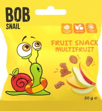 Bob Snail Fruit Snack Multifruit w żółtej torebce z wesołym ślimakiem, owocowe żelki, 100% owoców.