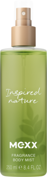 MEXX Inspired Nature Fragrance Body Mist w zielonej butelce 250ml z beżowym sprayem, widok z przodu.