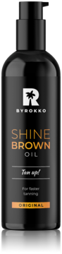 BYROKKO Shine Brown Oil w czarnej butelce z pompką, front z pomarańczowym logo i napisami, widok z przodu.
