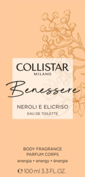 Collistar Benessere Neroli E Elicriso damska woda toaletowa 100ml. Brzoskwiniowe opakowanie z białym panelem, czarnym tekstem i kwiatami.