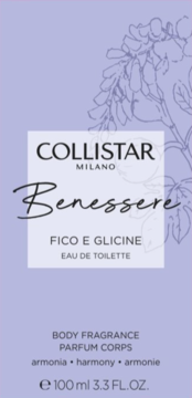 Frontalny widok jasnofioletowego opakowania Collistar Benessere Fico E Glicine EDT 100ml z ilustracją wisterii.
