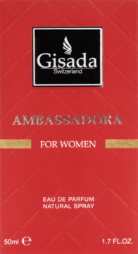 Czerwone, pikowane opakowanie perfum Gisada Ambassadora 50ml dla kobiet, widok z przodu, z logo i złotym akcentem.
