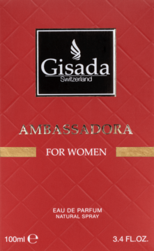 Czerwone opakowanie perfum Gisada Ambassadora For Women 100ml z pikowanym wzorem, widok z przodu.