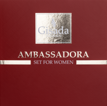 Bordowe pudełko Gisada Ambassadora Set For Women z metalicznymi, srebrnymi napisami i logo na froncie.