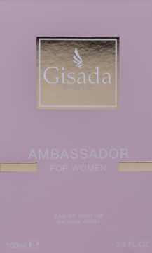 Jasnoróżowe opakowanie perfum Gisada Ambassador For Women EDP 100ml, ze złotym logo, widok z przodu.