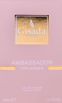 Różowe opakowanie Gisada Ambassador For Women, Eau de Parfum 100ml, z złotym logo i napisem, widok z przodu.