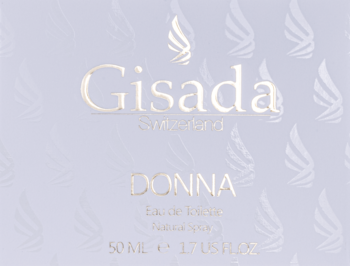 Elegancja Gisada Donna Eau de Toilette, fioletowe opakowanie z białymi napisami i subtelnym wzorem skrzydeł.