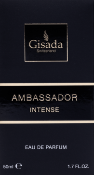 Czarne pudełko perfum Gisada Ambassador Intense Eau de Parfum, ze złotymi napisami, widok z przodu.