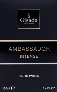 Czarny kartonik perfum Gisada Ambassador Intense Eau De Parfum ze złotymi napisami, widok z przodu.