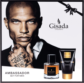 Zestaw Gisada Ambassador For Men: woda perfumowana i żel pod prysznic na eleganckim tle z modelem.