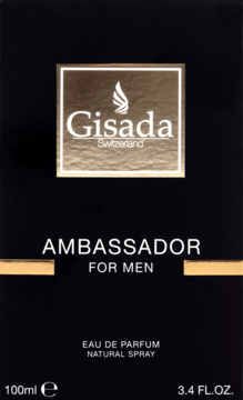 Frontowe ujęcie czarnego pudełka Gisada Ambassador for Men, woda perfumowana dla mężczyzn, złote detale.