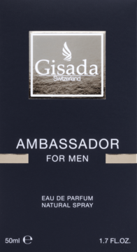 Ciemne opakowanie perfum Gisada Ambassador For Men EDP 50ml z białym logo i złotym paskiem, widok z przodu.